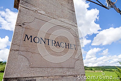 France Burgundy 2019-06-20 closeup stone pillows with vintage plate, nameboard of Montrachet grand cru vineyard Editorial Stock Photo