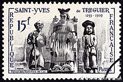 FRANCE - CIRCA 1956: A stamp printed in France shows St. Yves de Treguier patron saint of lawyers., circa 1956. Editorial Stock Photo