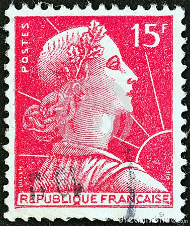 FRANCE - CIRCA 1955: A stamp printed in France shows Marianne Louis-Charles Muller design, circa 1955. Editorial Stock Photo