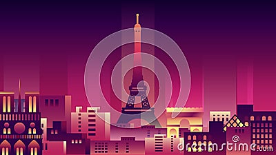 France city night neon style architecture buildings town country travel Vector Illustration