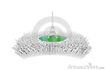 France Concept. Abstract Eiffel Tower in Center of Abstract Paris City with Many Abstract Building. 3d Rendering Stock Photo