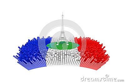 France Concept. Abstract Eiffel Tower in Center of Abstract Paris City with Many Abstract Building with France Flag. 3d Rendering Stock Photo