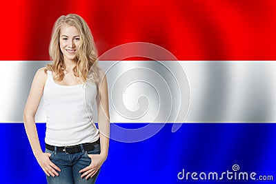 France concept with happy woman on French flag background. Travel in France and study french language. Stock Photo