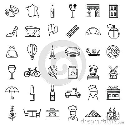 France country icons set, outline style Vector Illustration