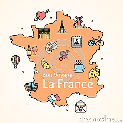 France Design Template Line Icon Welcome Concept and Map. Vector Vector Illustration