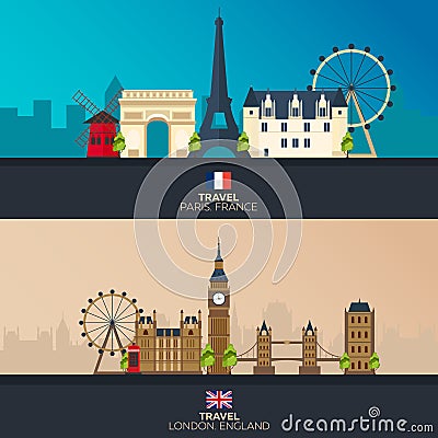 France and England. Tourism. Travelling illustration Paris city and London. Modern flat design. Paris skyline. London skyline. Set Cartoon Illustration