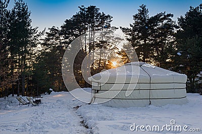 France. Eoulx. Yurt in a snown at sunset Editorial Stock Photo