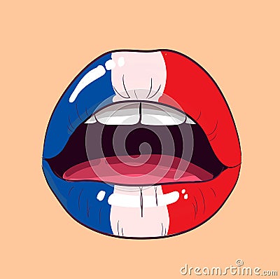 France flag woman lips. mouth. Comic style. Vector Illustration