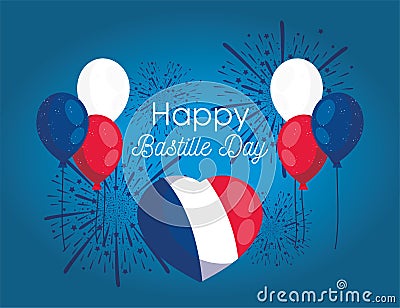 France heart balloons with fireworks of happy bastille day vector design Vector Illustration