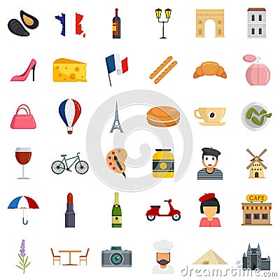 France icons set flat vector isolated Vector Illustration