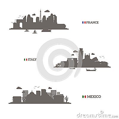 France, Italy and Mexico skyline silhouettes Vector Illustration