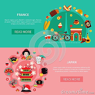 France And Japan Landmarks Horizontal Banners Vector Illustration