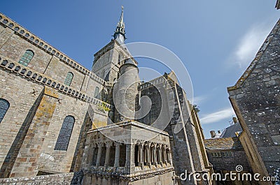 FRANCE LE MONT SAINT MICHEL 26 AUG: view of the church on the top of hill of le mont saint michel on 26 August 2013. It is one of Editorial Stock Photo