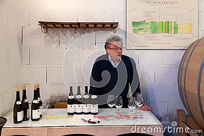 France Lyon 2019-06-20 Adult man professional sommelier taster, winery staff make tasting line top luxury Burgundy wine from Editorial Stock Photo