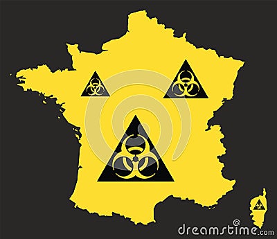 France map with biohazard virus sign in black and yellow Vector Illustration