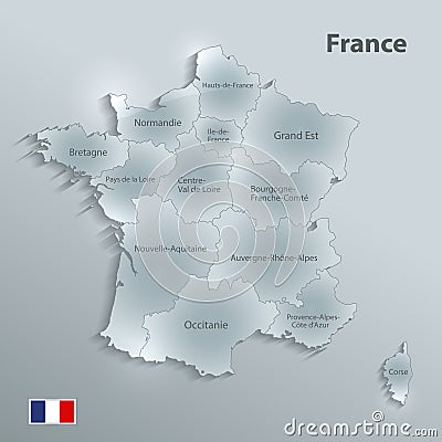 France map flag separate region names individual glass card paper 3D Vector Illustration