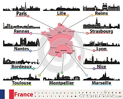 France map with largest cities skylines silhouettes vector set Vector Illustration