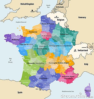 France administrative regions and departments vector map Vector Illustration