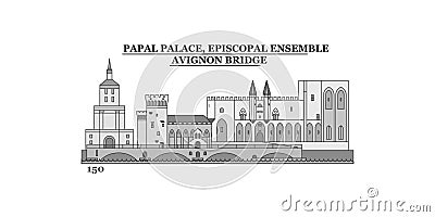 France,Papal-Palace, Episcopal Ensemble-Avignon Bridge city skyline isolated vector illustration, icons Vector Illustration