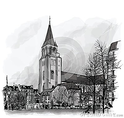 France, Paris, Ancient church Saint Germain des Pres Vector Illustration