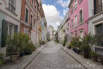 France, Paris, 12eme, 04/2019 : Rue CrÃ©mieux, a pedestrian street of one block workerâ€™s houses Editorial Stock Photo