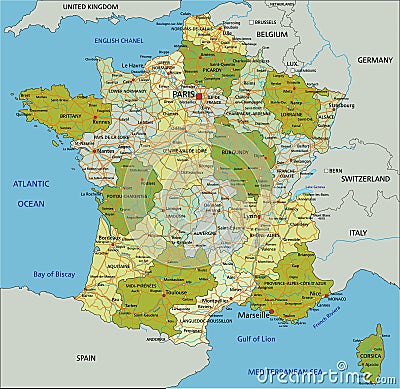 Highly detailed editable political map with separated layers. France. Vector Illustration