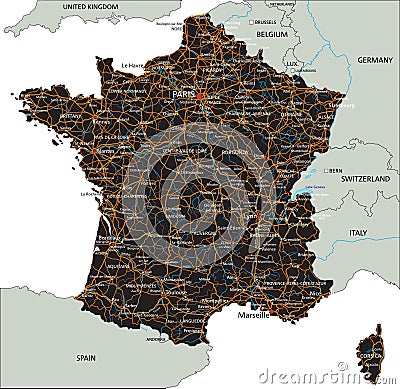 High detailed France road map with labeling. Vector Illustration