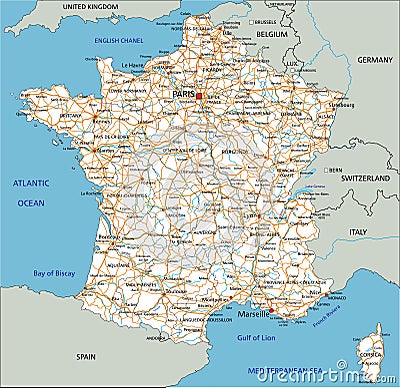 High detailed France road map with labeling. Vector Illustration