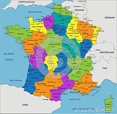 Colorful France political map with clearly labeled, separated layers. Vector Illustration