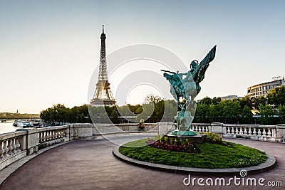 France Reborn Statue on Bir-Hakeim Bridge and Eiffel Tower Editorial Stock Photo