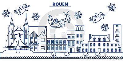 France, Rouen winter city skyline. Merry Christmas, Happy New Year Vector Illustration