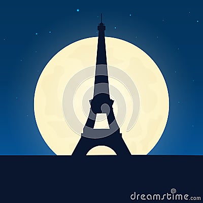 France silhouette of attraction. Travel banner with moon on the night background. Trip to country. Travelling illustration. Cartoon Illustration
