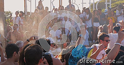 France, St. Tropez, 15 August 2017: The richest people arrange a shower of champagne, people hide from the rain of stock footage France, St. Tropez, 15 August 2017: The richest people arrange a shower of champagne, people hide from the rain of stock footage