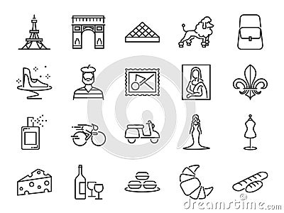 France travel icon set. Included the icons as French toast, landmarks, The Eiffel Tower, baguettes, Paris fashion, Brand name, Poo Vector Illustration