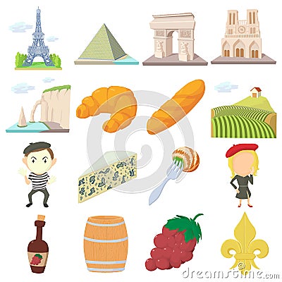 France travel icons set, cartoon style Vector Illustration