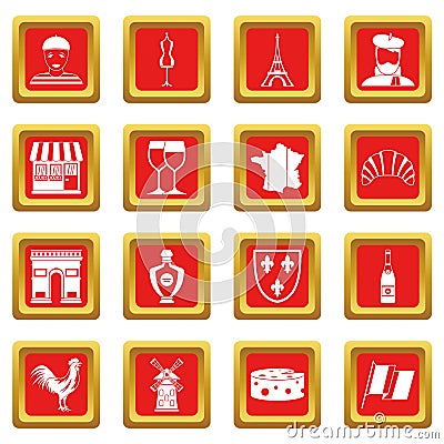 France travel icons set red Vector Illustration