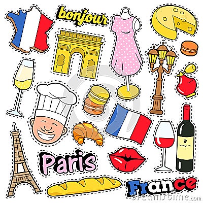 France Travel Scrapbook Stickers, Patches, Badges for Prints with Kiss, Champagne and French Elements Vector Illustration