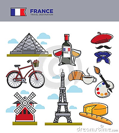 France travel tourism symbols and famous French culture landmarks vector icons Vector Illustration