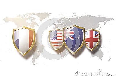 France and Us Australia and Great Britain flags in golden shield on copper texture background.aukus defense pact. france aukus Cartoon Illustration