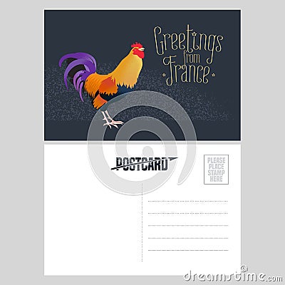 France vector postcard design with French symbol rooster Cartoon Illustration