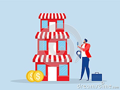 Franchise business concept, Businessman magnifying glass investor .. for expand his business growing store Vector Illustration