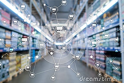 Franchise Distribution network Shop Retail Business Financial concept. Blurred supermarket background. Stock Photo