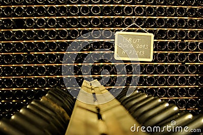 Franciacorta DOCG Wine bottles in a cellar Editorial Stock Photo