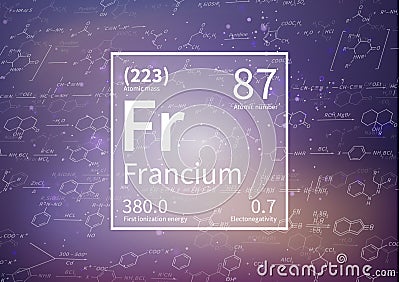 Francium chemical element with first ionization energy, atomic mass and electronegativity values on scientific Vector Illustration