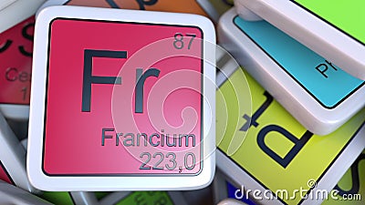 Francium Fr block on the pile of periodic table of the chemical elements blocks. 3D rendering Stock Photo