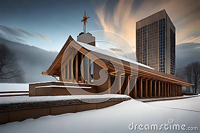 frank lloyd catholic church built in different archetectural style.Ai generated Stock Photo