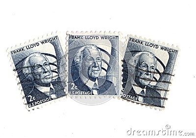 Frank Lloyd Wright postage stamps from the USA. Editorial Stock Photo