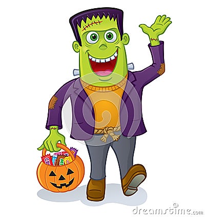 Frankenstein Monster Carrying Pumpkin Pail Cartoon Illustration