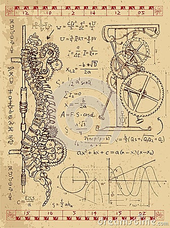 Frankentsein Diary with steampunk mechanism in human anatomy backbone Vector Illustration