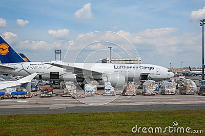 05/26/2019. Frankfurt Airport, Germany. Boeing 777 Freighter in Lufthansa Cargo depot. Editorial Stock Photo